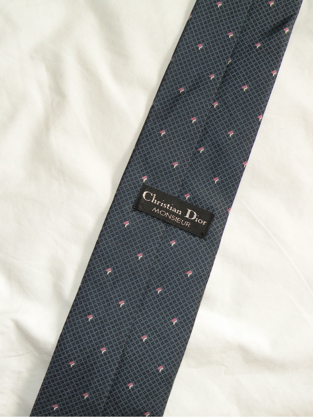 Dior Dark Blue Silk Tie with Pink Micro Dots